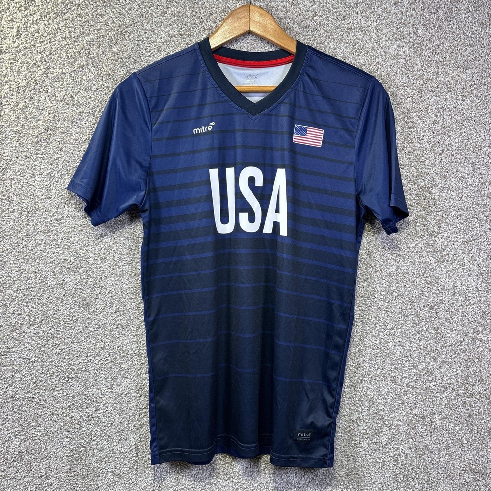 USA Soccer Jersey Shirt Boys XL Blue Mitre USA Flag Short Sleeve Youth